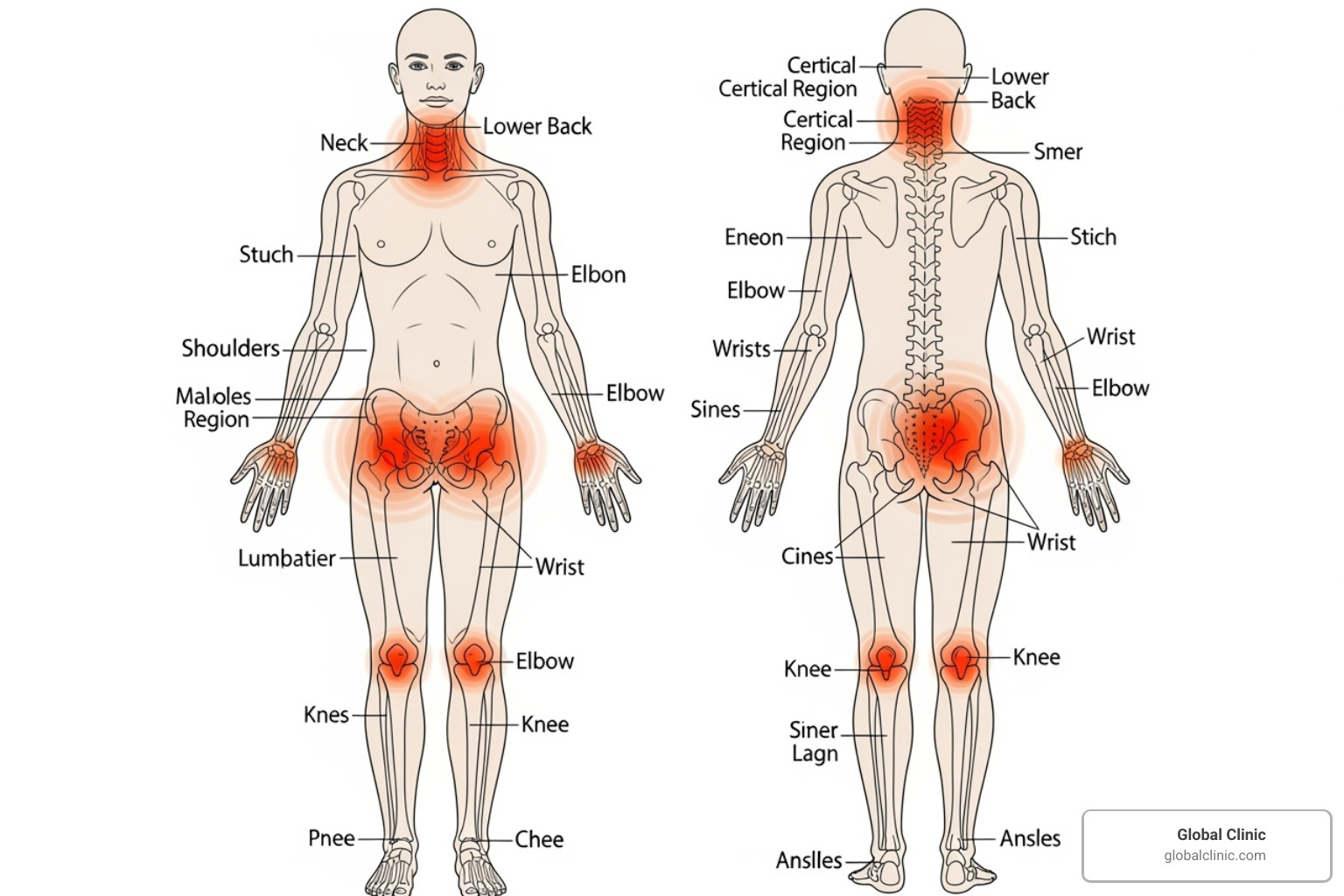 diagram highlighting common pain areas like the back, knee, and neck - pain clinics near me diagram highlighting common pain areas like the back, knee, and neck - pain clinics near me