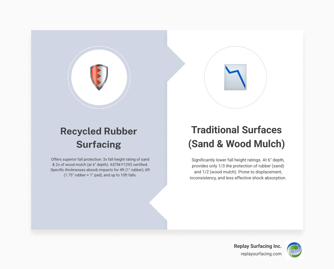 Infographic showing fall height protection comparison: recycled rubber playground surfacing provides 3x the fall height rating of sand and 2x that of wood mulch at 6 inches depth, with ASTM F1292 testing standards illustrated alongside shock absorption properties of different rubber thickness options (1 inch for 4 ft falls, 1.75 inch plus 1 inch pad for 6 ft falls, and combinations up to 10 ft fall protection) - recycled rubber mats for playgrounds in Charlotte NC infographic comparison-2-items-formal Infographic showing fall height protection comparison: recycled rubber playground surfacing provides 3x the fall height rating of sand and 2x that of wood mulch at 6 inches depth, with ASTM F1292 testing standards illustrated alongside shock absorption properties of different rubber thickness options (1 inch for 4 ft falls, 1.75 inch plus 1 inch pad for 6 ft falls, and combinations up to 10 ft fall protection) - recycled rubber mats for playgrounds in Charlotte NC infographic comparison-2-items-formal