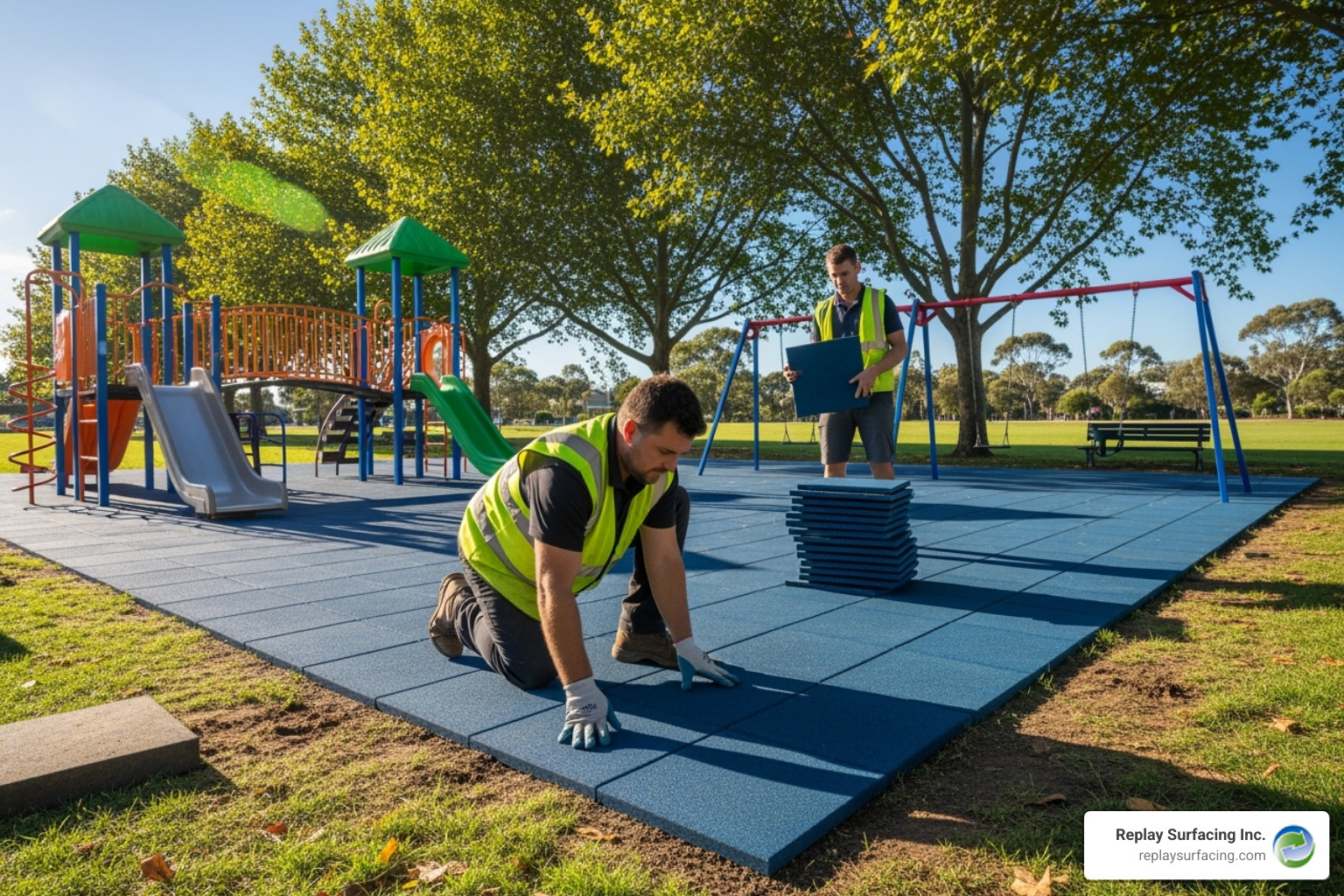 Interlocking rubber playground tiles being installed in a local park in Nashville, TN - recycled rubber mats for playgrounds in Charlotte NC Interlocking rubber playground tiles being installed in a local park in Nashville, TN - recycled rubber mats for playgrounds in Charlotte NC