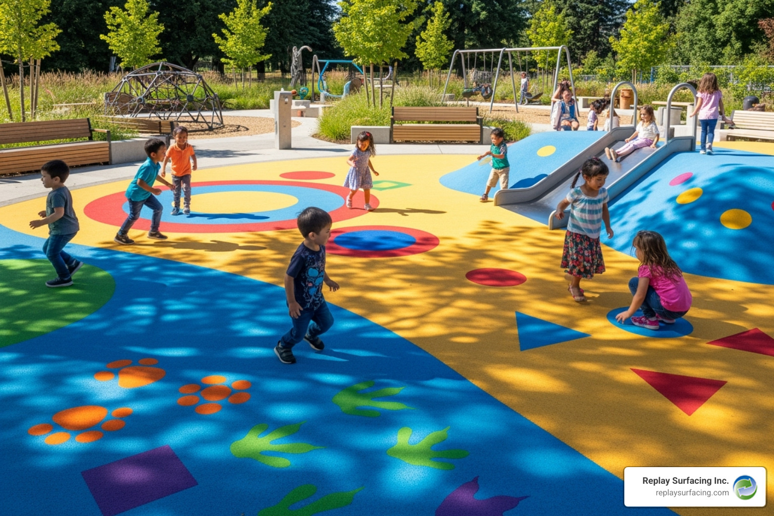 Seamless, colorful poured-in-place rubber surface with integrated designs in a community playground in Beaverton, OR - recycled rubber mats for playgrounds in Charlotte NC Seamless, colorful poured-in-place rubber surface with integrated designs in a community playground in Beaverton, OR - recycled rubber mats for playgrounds in Charlotte NC