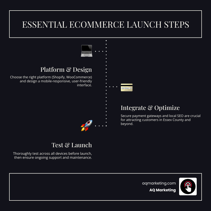 Infographic showing the 6 essential steps to launching a successful ecommerce store: 1) Choose the right platform for your business needs, 2) Design a mobile-responsive user interface, 3) Integrate secure payment gateways, 4) Optimize for local SEO in Essex County and surrounding areas, 5) Test thoroughly across all devices, 6) Launch with ongoing support and maintenance - ecommerce web design essex infographic infographic-line-3-steps-dark Infographic showing the 6 essential steps to launching a successful ecommerce store: 1) Choose the right platform for your business needs, 2) Design a mobile-responsive user interface, 3) Integrate secure payment gateways, 4) Optimize for local SEO in Essex County and surrounding areas, 5) Test thoroughly across all devices, 6) Launch with ongoing support and maintenance - ecommerce web design essex infographic infographic-line-3-steps-dark