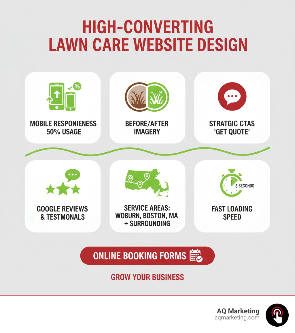 Infographic showing the essential elements of high-converting lawn care website design: mobile responsiveness at 50%+ usage, professional imagery showcasing before/after transformations, strategic CTA placement for quote requests, Google reviews and testimonials for trust, service area pages for local SEO targeting Woburn MA Boston MA and surrounding areas, seamless online booking forms, and fast loading speeds under 3 seconds - Lawn care website design infographic 