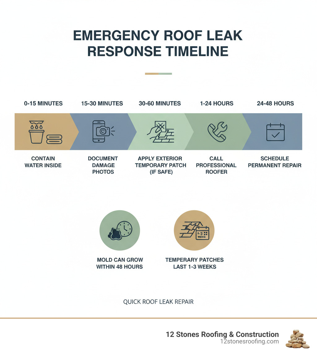 Infographic showing emergency roof leak response timeline: 0-15 minutes (contain water inside with buckets and towels), 15-30 minutes (document damage with photos), 30-60 minutes (apply exterior temporary patch if safe), 1-24 hours (call professional roofer), 24-48 hours (schedule permanent repair). Icons show mold can grow within 48 hours, and temporary patches last only 1-3 weeks. - Quick roof leak repair infographic  Infographic showing emergency roof leak response timeline: 0-15 minutes (contain water inside with buckets and towels), 15-30 minutes (document damage with photos), 30-60 minutes (apply exterior temporary patch if safe), 1-24 hours (call professional roofer), 24-48 hours (schedule permanent repair). Icons show mold can grow within 48 hours, and temporary patches last only 1-3 weeks. - Quick roof leak repair infographic