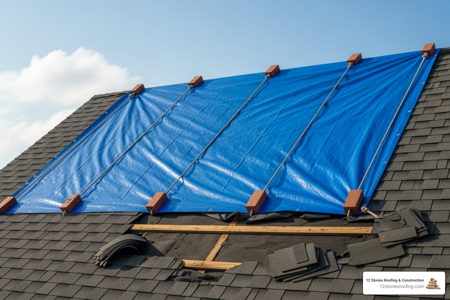 A graphic showing a securely fastened tarp over a section of a shingle roof. - Quick roof leak repair A graphic showing a securely fastened tarp over a section of a shingle roof. - Quick roof leak repair