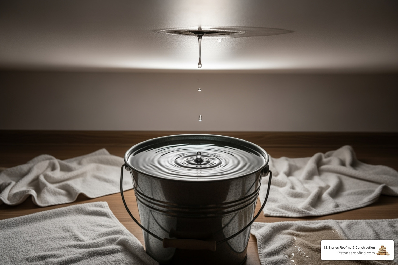 A graphic showing a bucket catching water from a ceiling leak, with towels on the floor. - Quick roof leak repair A graphic showing a bucket catching water from a ceiling leak, with towels on the floor. - Quick roof leak repair