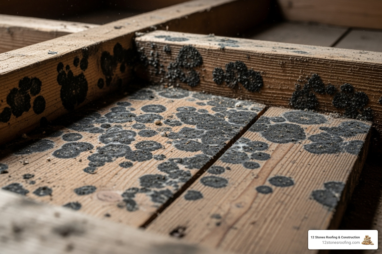 A graphic showing mold growth on attic wood sheathing. - Quick roof leak repair A graphic showing mold growth on attic wood sheathing. - Quick roof leak repair
