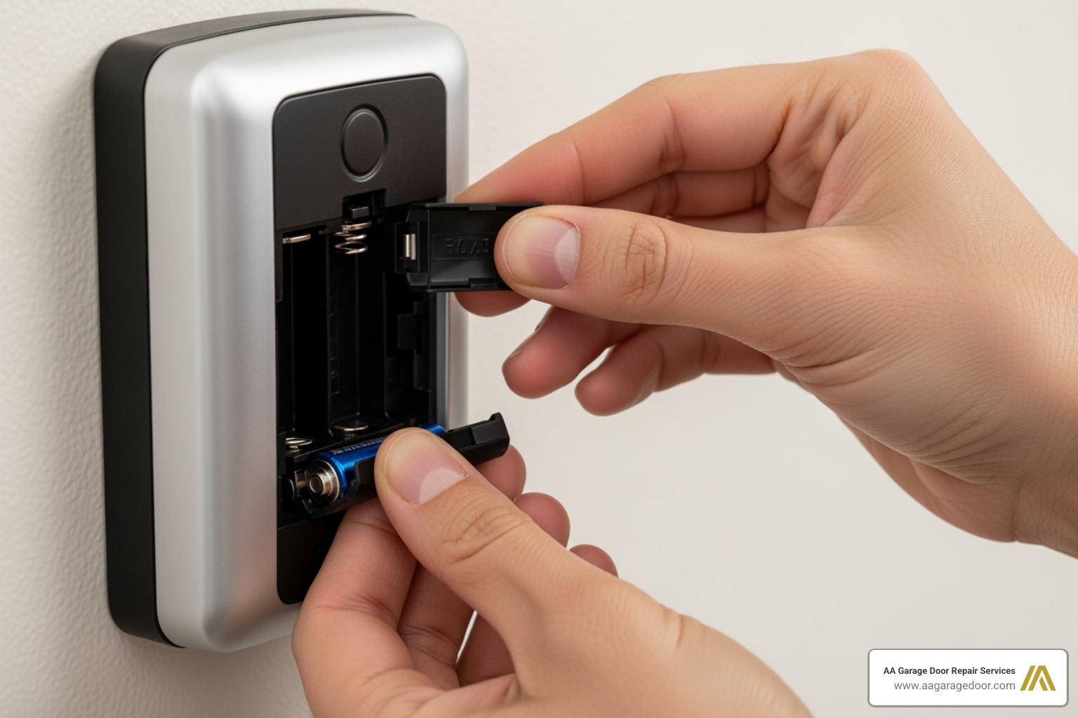 person checking the batteries in a garage door keypad - garage keypad reprogram