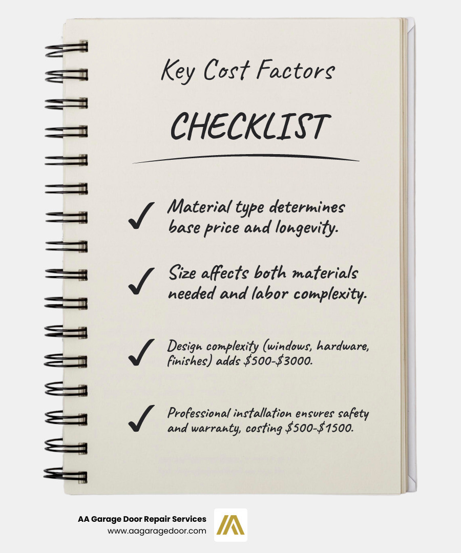 Infographic showing the four primary cost factors for a custom garage door: Material type determines base price and longevity; Size affects both materials needed and labor complexity; Design complexity including windows, hardware, and finishes adds $500-$3000; Professional installation ensures safety and warranty protection for $500-$1500 - how much do custom garage doors cost infographic checklist-notebook