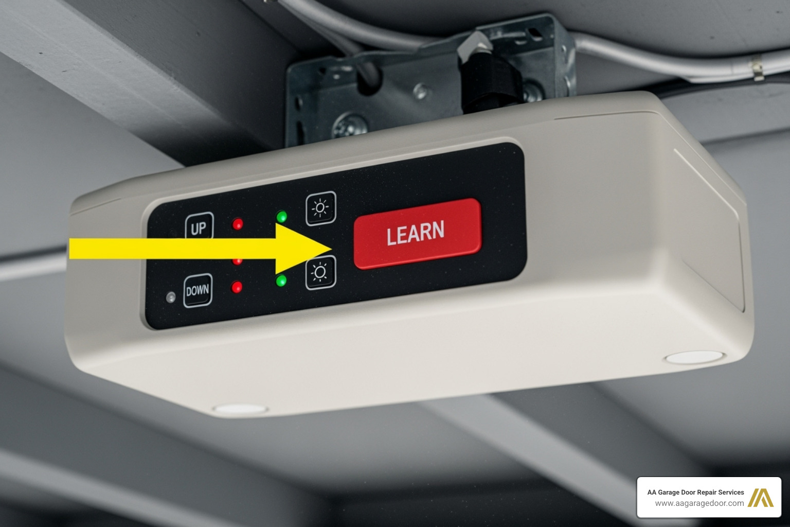 location of a 'Learn' button on a garage door opener motor unit, highlighted with an arrow - garage keypad reprogram