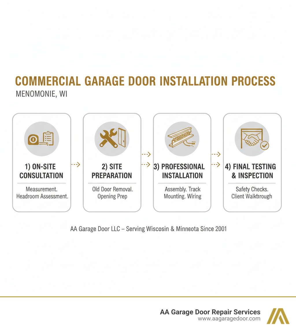 Infographic showing the commercial garage door installation process: 1) On-site consultation and measurement with technician assessing door opening dimensions and headroom requirements, 2) Site preparation showing old door removal and opening preparation, 3) Professional installation with door assembly, track mounting, spring tensioning and opener wiring, 4) Final testing and inspection with safety sensor checks and client walkthrough - commercial garage door installation menomonie wi infographic 