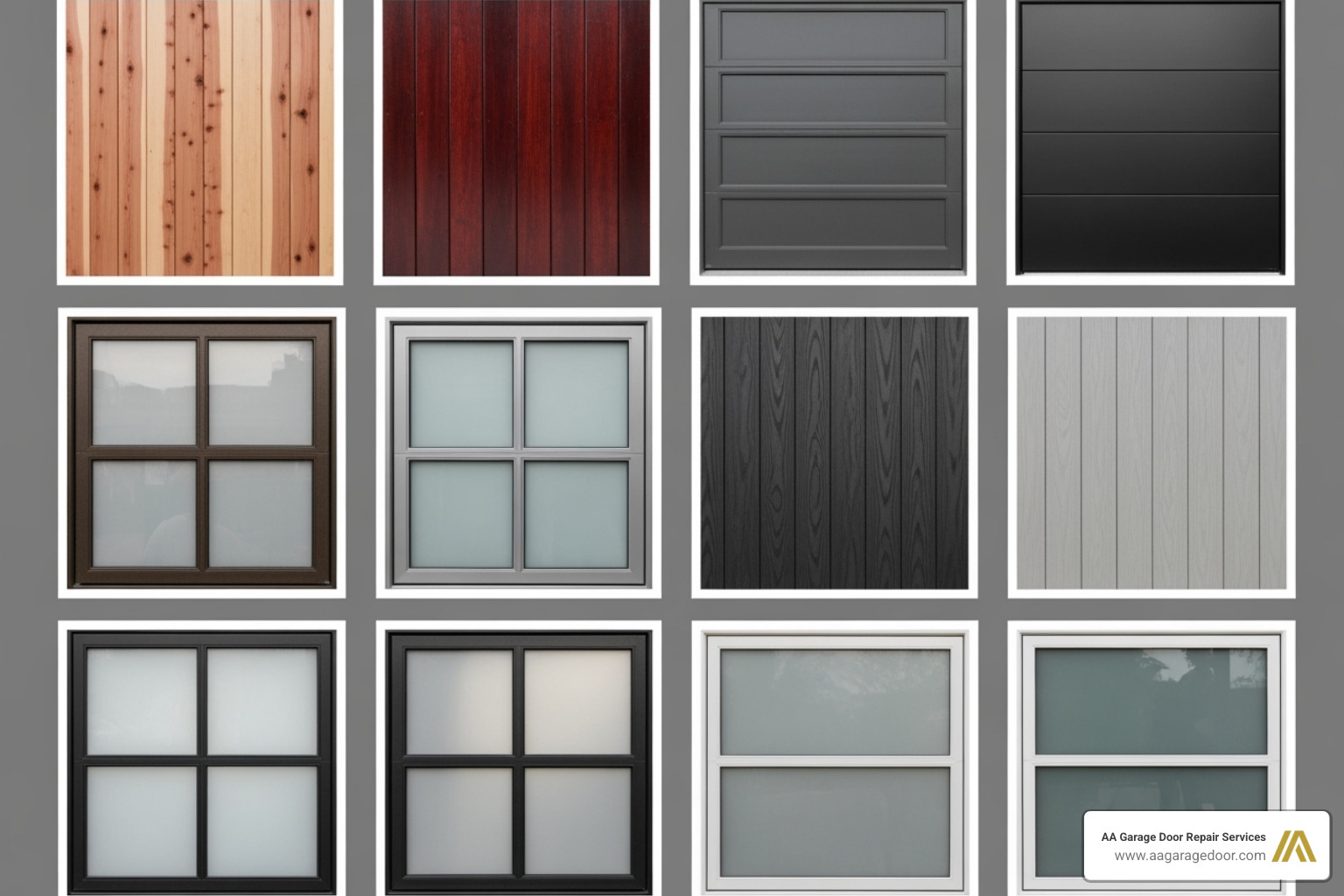 collage of garage door materials - how much do custom garage doors cost