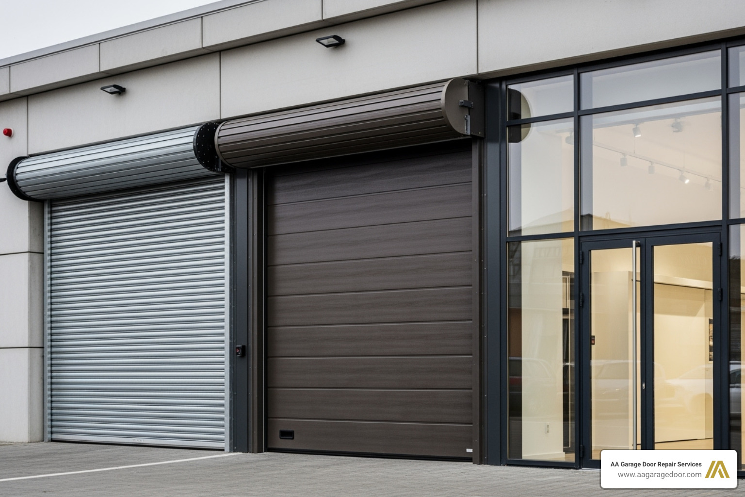 various commercial garage door types: a rolling steel door, a sectional door, and a full-view glass door. - commercial garage door installation menomonie wi