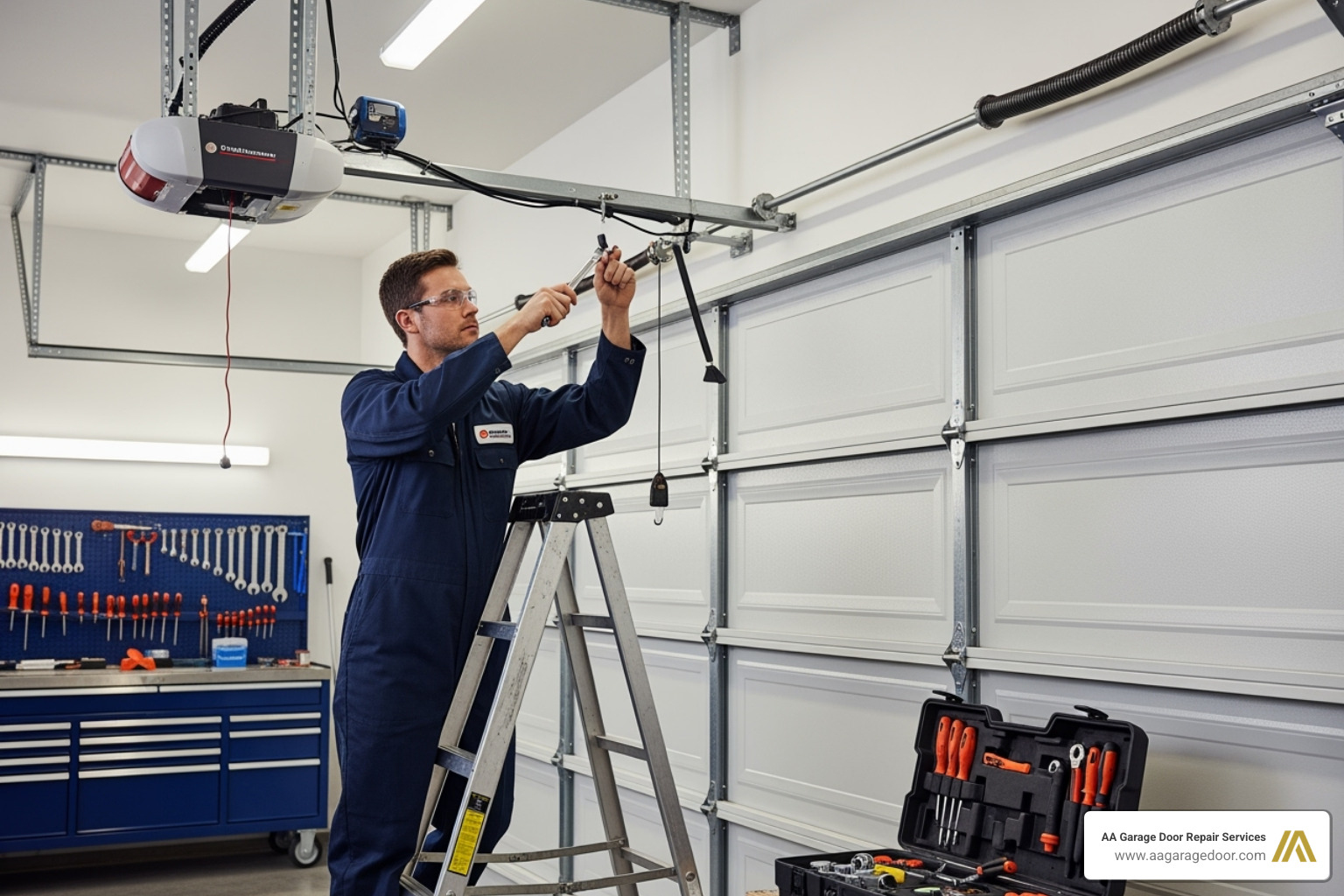technician performing maintenance on a commercial overhead door. - commercial garage door installation menomonie wi