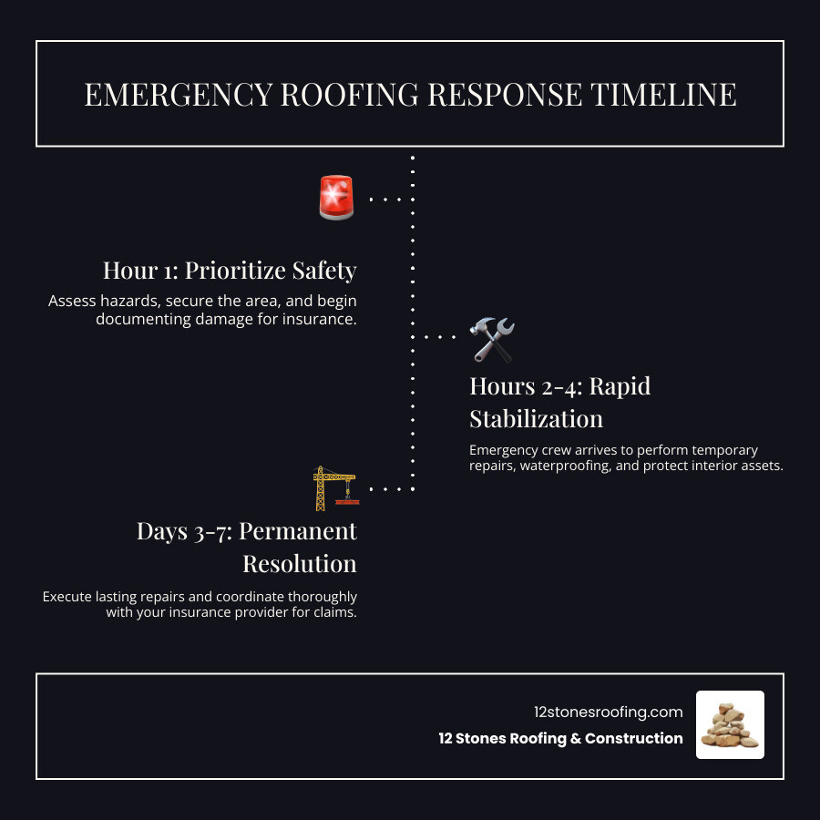 Infographic showing emergency roofing response timeline: Hour 1 - Safety assessment and damage documentation, Hours 2-4 - Professional team arrival and temporary stabilization, Day 1-2 - Waterproofing and interior protection, Days 3-7 - Permanent repairs and insurance coordination - Commercial emergency roofing infographic infographic-line-3-steps-dark