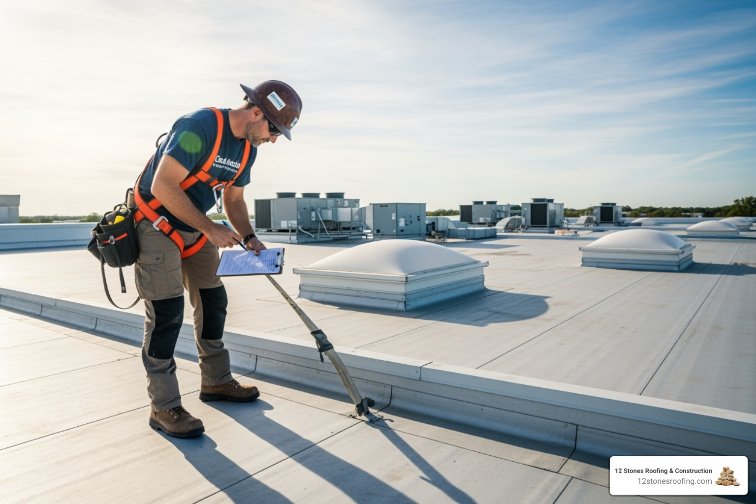 A professional roofer performing a scheduled inspection on a clean commercial roof, checking for debris and damage. - Commercial emergency roofing