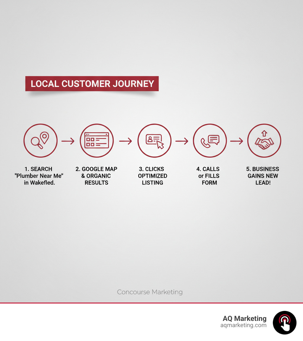 Infographic showing the customer journey: Local customer searches "plumber near me" in Wakefield → Google shows local map results and organic listings → Customer clicks on optimized business listing → Customer calls or fills out contact form → Business gains a new lead - seo packages wakefield infographic Infographic showing the customer journey: Local customer searches "plumber near me" in Wakefield → Google shows local map results and organic listings → Customer clicks on optimized business listing → Customer calls or fills out contact form → Business gains a new lead - seo packages wakefield infographic