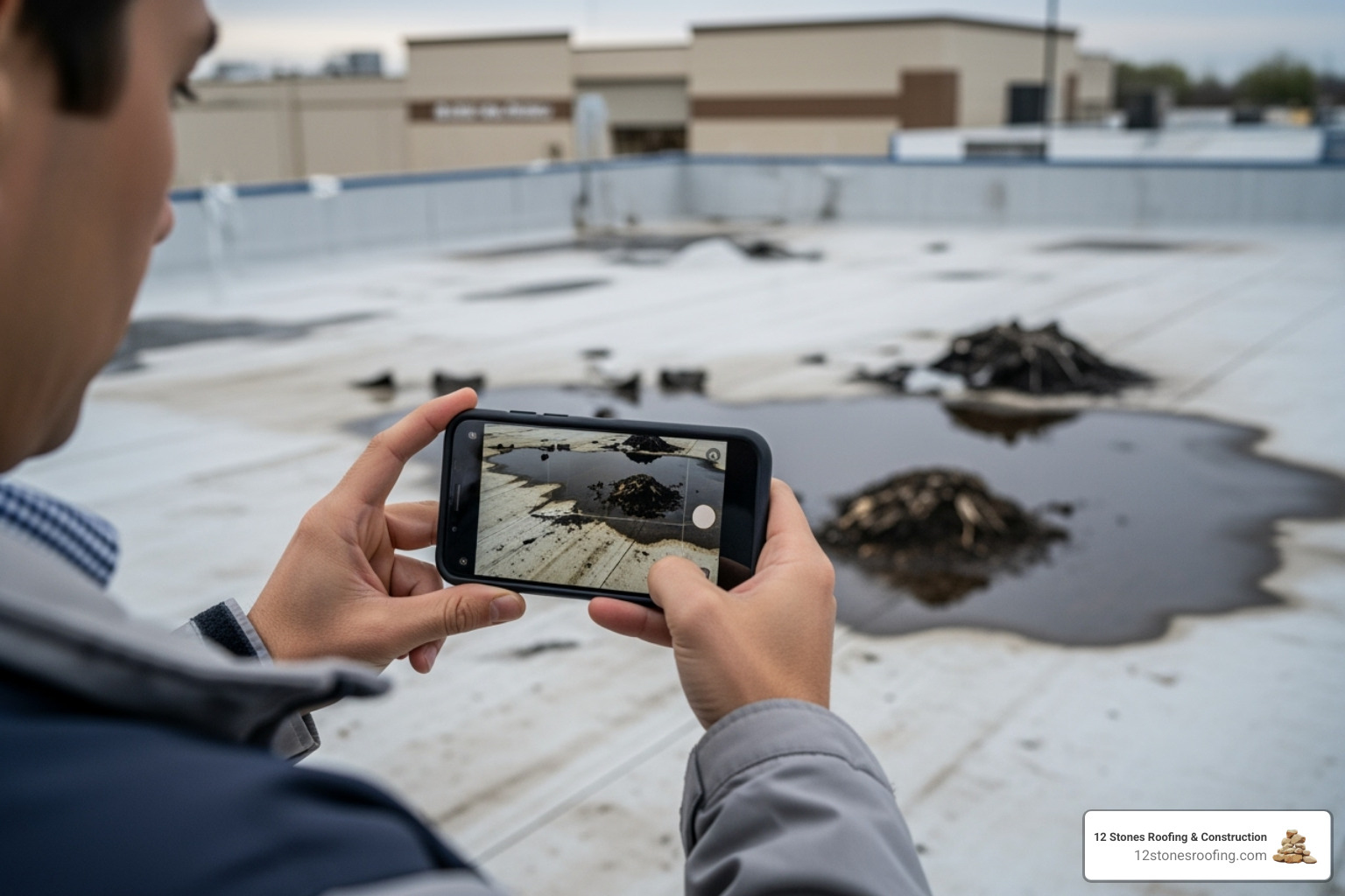 A person taking clear photos of roof damage with a smartphone for insurance purposes. - Commercial emergency roofing