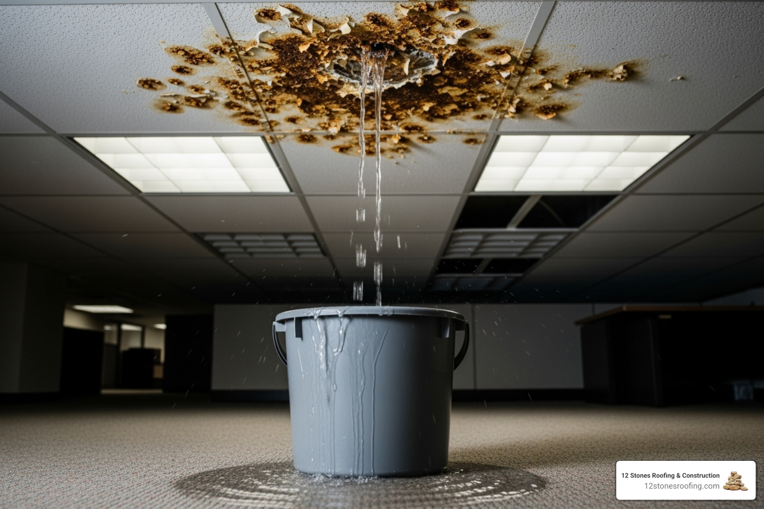 A water-stained ceiling tile inside an office, dripping into a bucket, indicating a severe roof leak. - Commercial emergency roofing