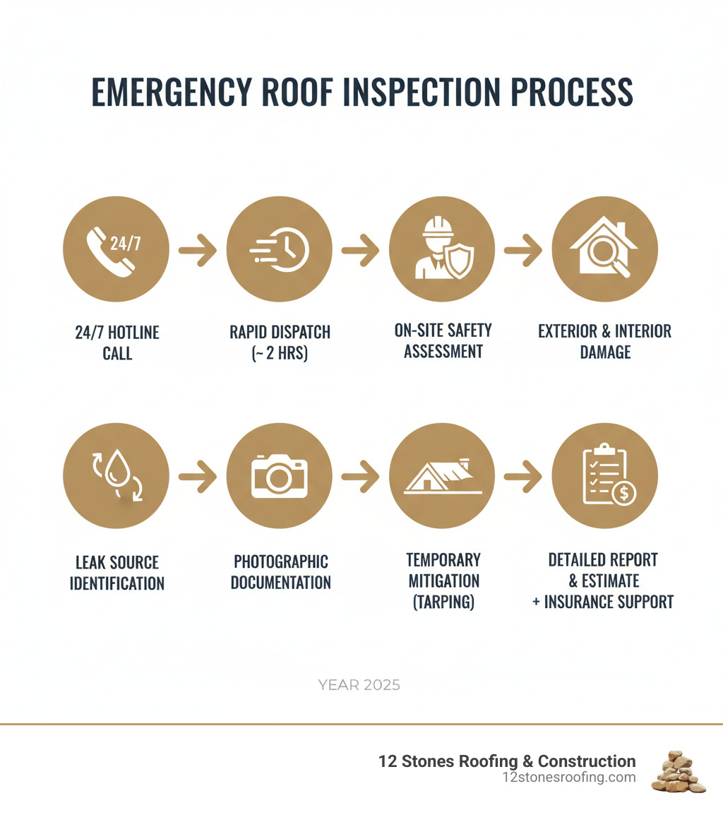Infographic showing the emergency roof inspection process: Initial call to 24/7 hotline, rapid dispatch within 2 hours, on-site safety assessment, exterior and interior damage inspection, leak source identification, photographic documentation, temporary mitigation (tarping/securing), detailed damage report with repair estimate, and insurance claim support - Emergency roof inspection infographic Infographic showing the emergency roof inspection process: Initial call to 24/7 hotline, rapid dispatch within 2 hours, on-site safety assessment, exterior and interior damage inspection, leak source identification, photographic documentation, temporary mitigation (tarping/securing), detailed damage report with repair estimate, and insurance claim support - Emergency roof inspection infographic