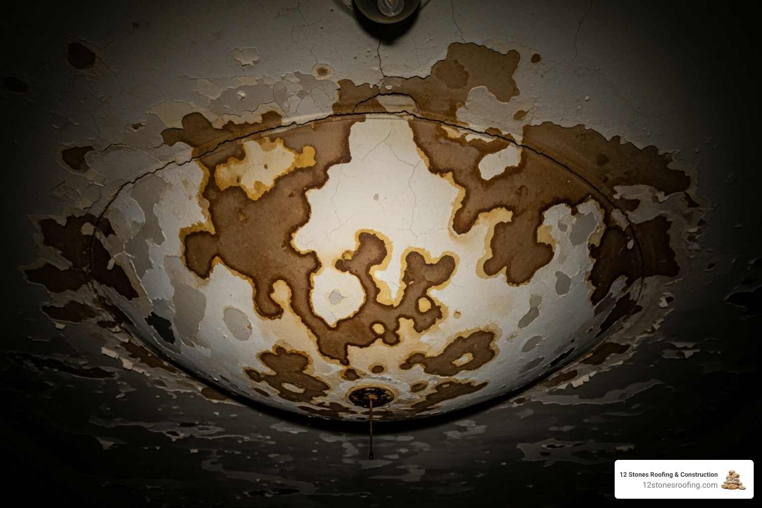 Image of a dark, water-stained ceiling that is visibly bulging downwards. - Emergency roof inspection Image of a dark, water-stained ceiling that is visibly bulging downwards. - Emergency roof inspection