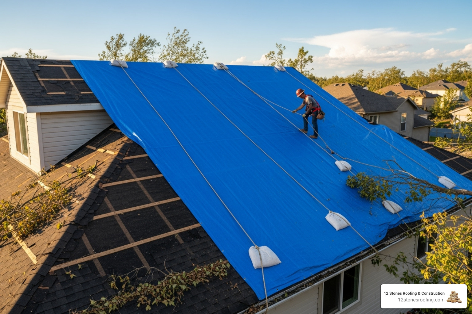 Image of a roof being professionally covered with a blue emergency tarp. - Emergency roof inspection Image of a roof being professionally covered with a blue emergency tarp. - Emergency roof inspection