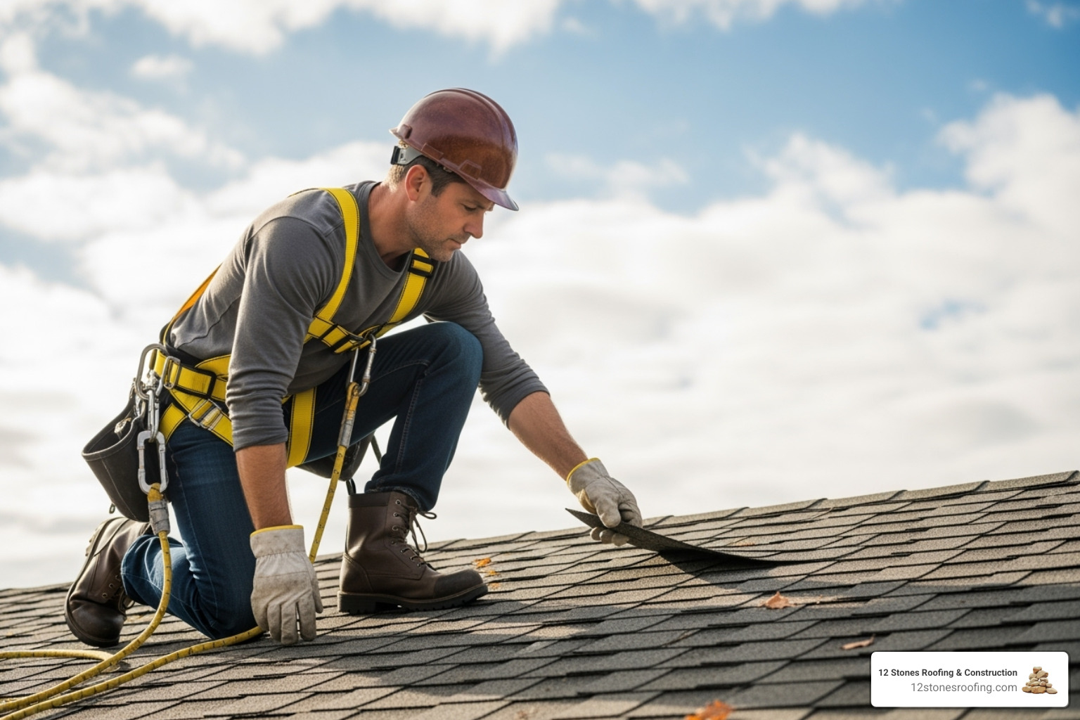 Image of a professional roofer with proper safety gear inspecting a roof. - Emergency roof inspection Image of a professional roofer with proper safety gear inspecting a roof. - Emergency roof inspection