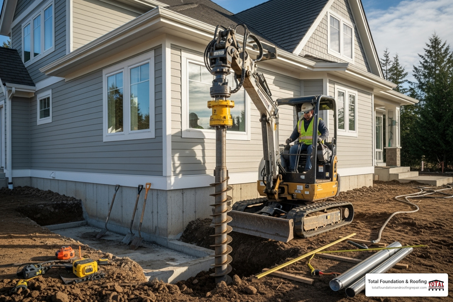 A foundation pier being installed next to a house, illustrating a common repair method. - foundation repair kerrville