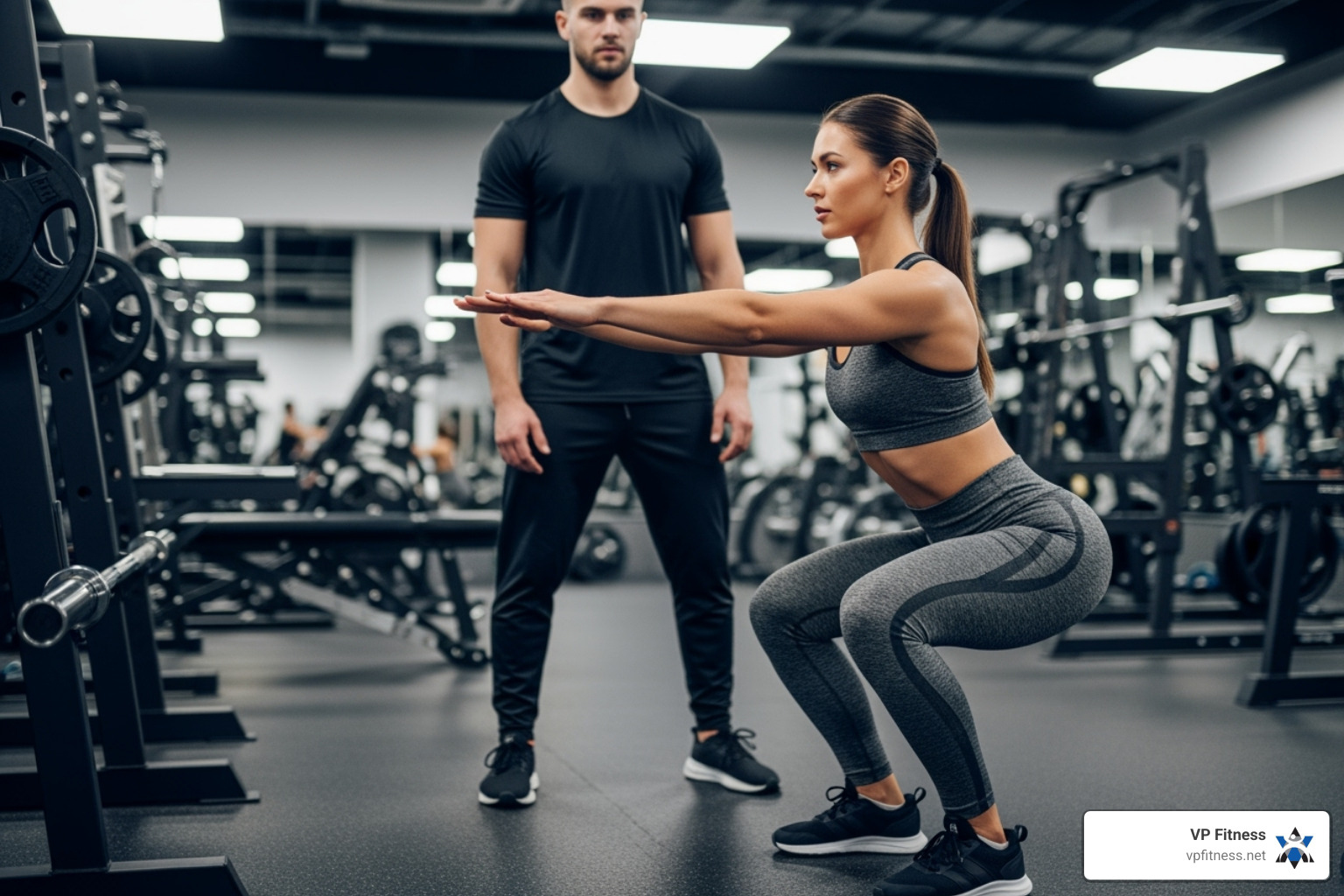 A personal trainer demonstrating proper squat form to a client in a gym, focusing on technique - personal trainer east providence ri A personal trainer demonstrating proper squat form to a client in a gym, focusing on technique - personal trainer east providence ri