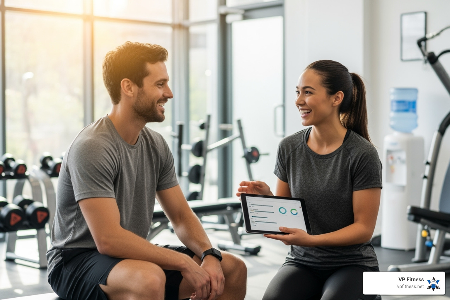 A client and trainer smiling and talking during a consultation in a bright gym setting - personal trainer east providence ri A client and trainer smiling and talking during a consultation in a bright gym setting - personal trainer east providence ri