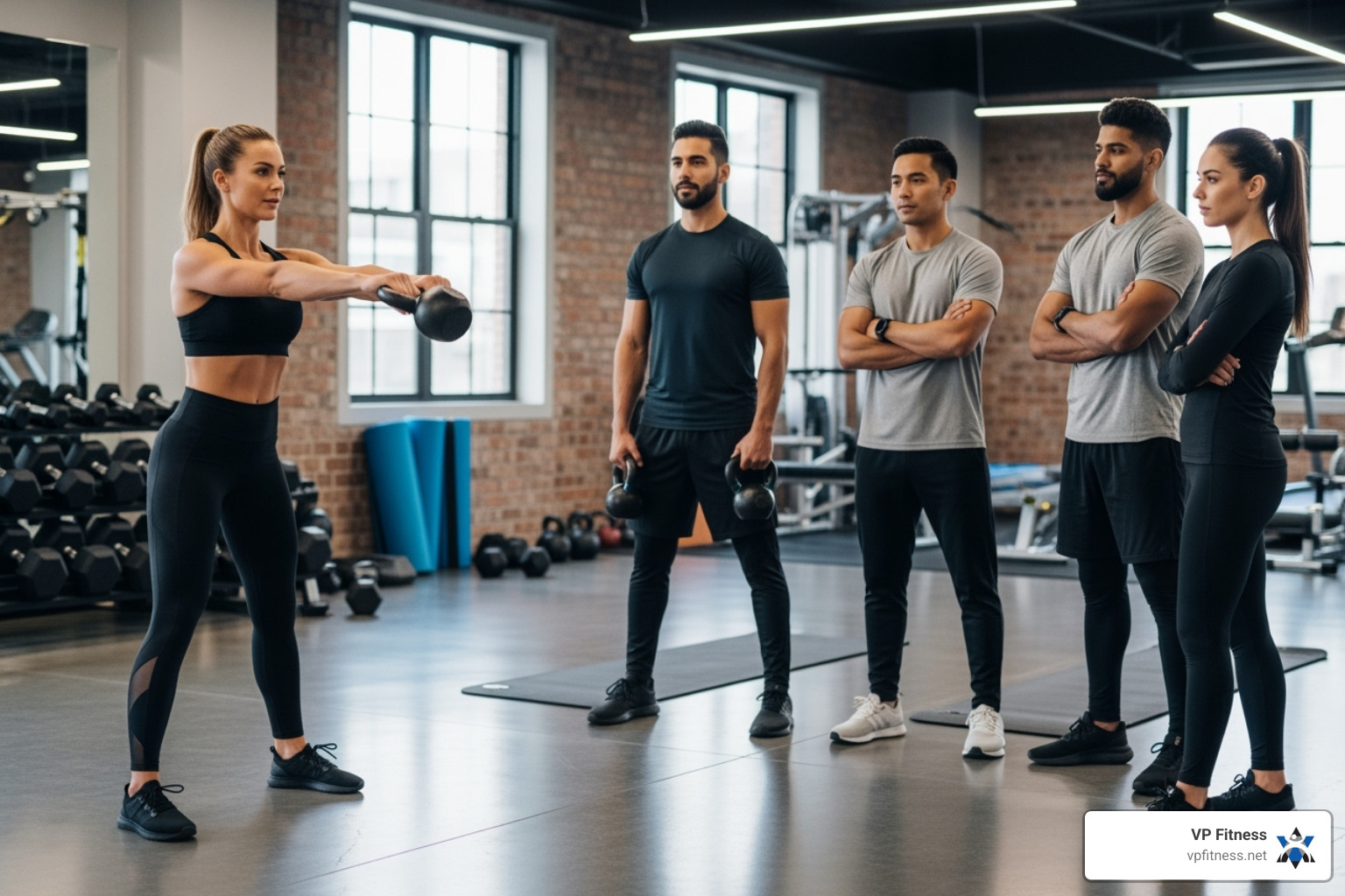 A personal trainer guiding a small group in a gym setting, demonstrating an exercise - personal trainer east providence ri A personal trainer guiding a small group in a gym setting, demonstrating an exercise - personal trainer east providence ri