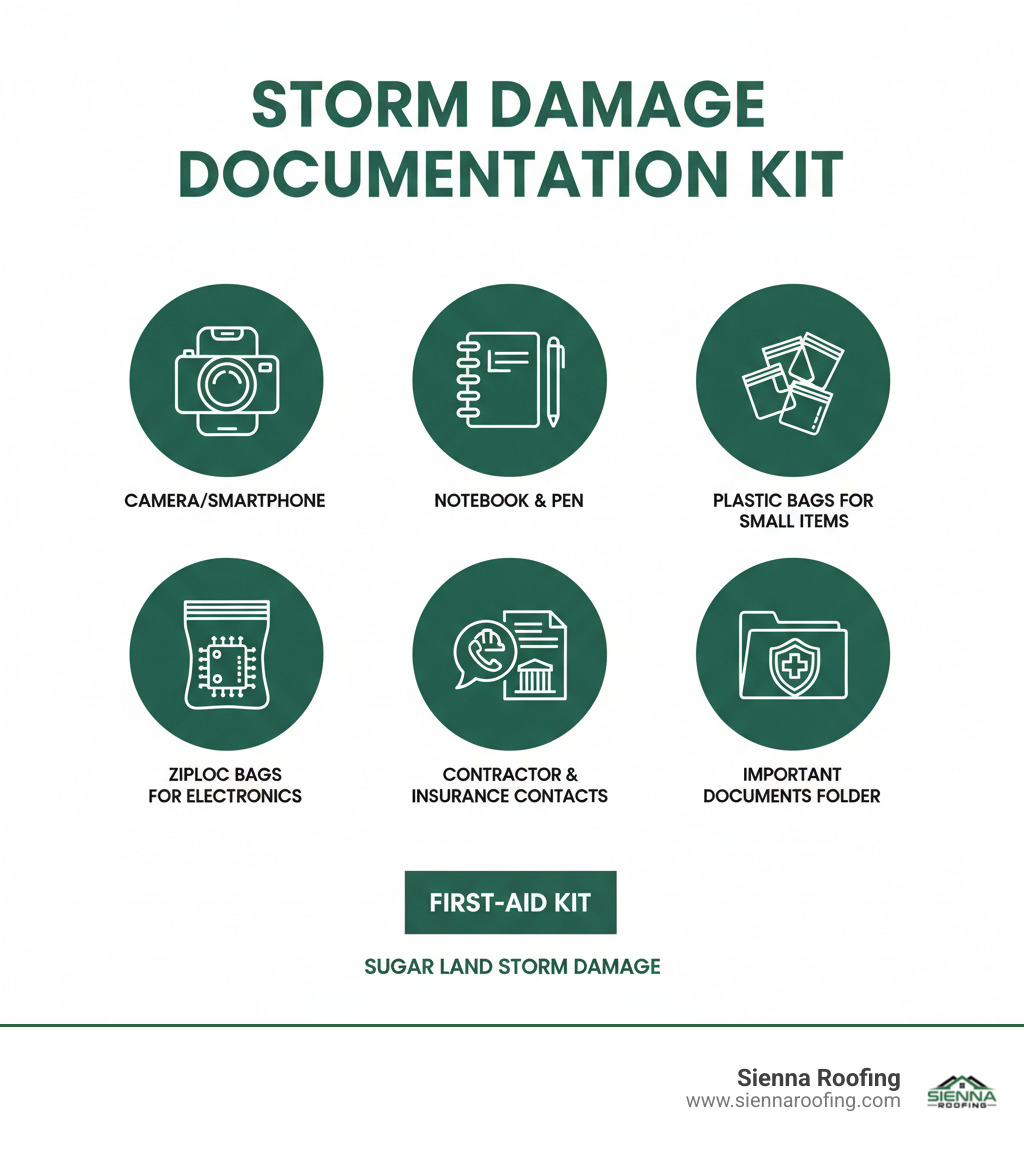 Infographic detailing essential items for a storm damage documentation kit: camera/smartphone, notebook & pen, plastic bags for small items, Ziploc bags for electronics, contact info for contractor & insurance, important documents folder, and a first-aid kit - Sugar Land storm damage infographic 