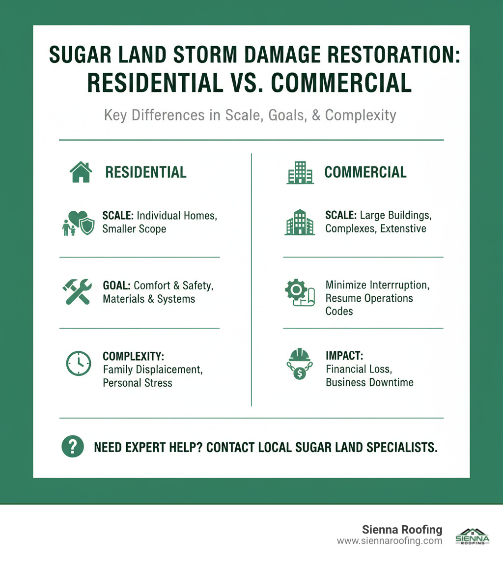 Infographic comparing residential and commercial storm damage restoration, highlighting differences in scale, primary goals, complexity, and impact - Sugar Land storm damage infographic 