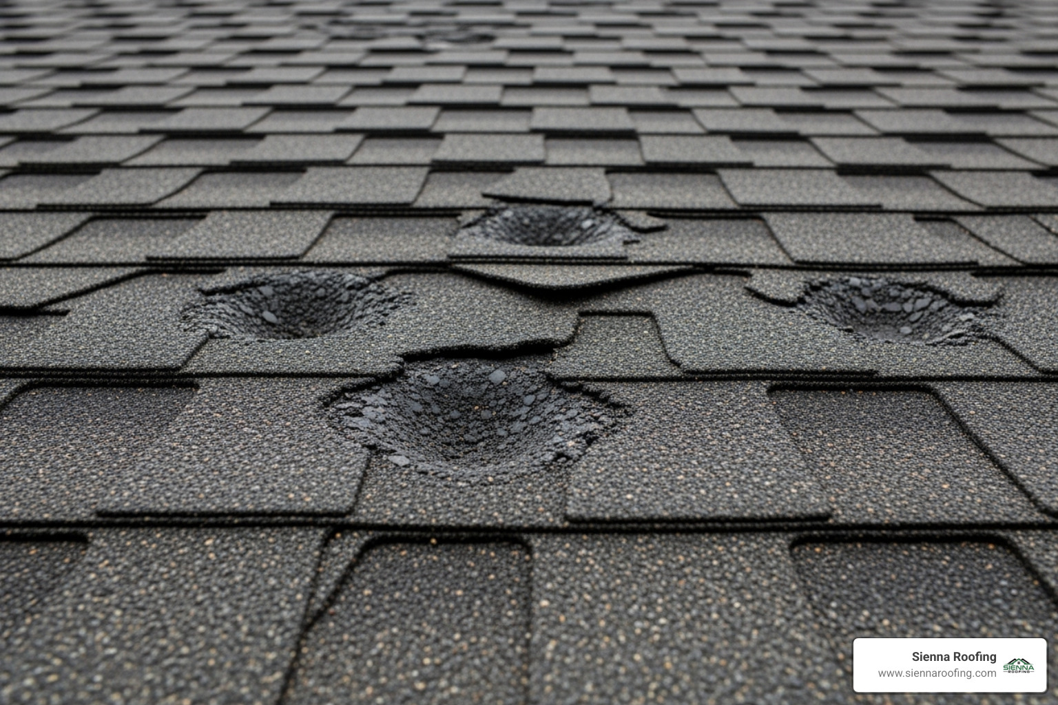 Distinct hail damage indentations on an asphalt shingle - Sugar Land storm damage