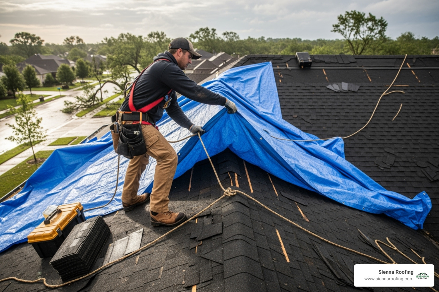 A professional applying an emergency roof tarp to a damaged roof - Sugar Land storm damage