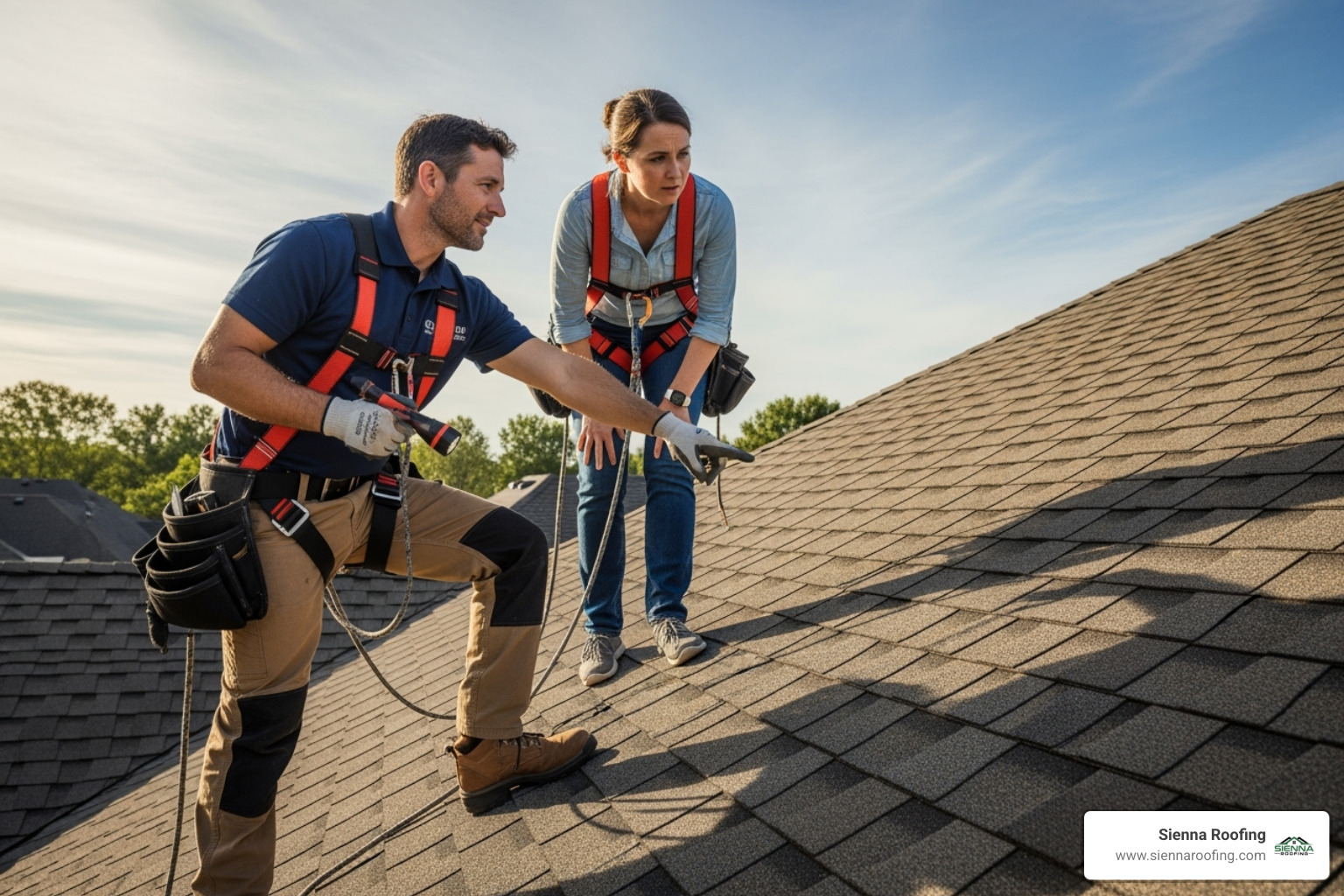 A roofing contractor inspecting a roof with a homeowner - Sugar Land storm damage