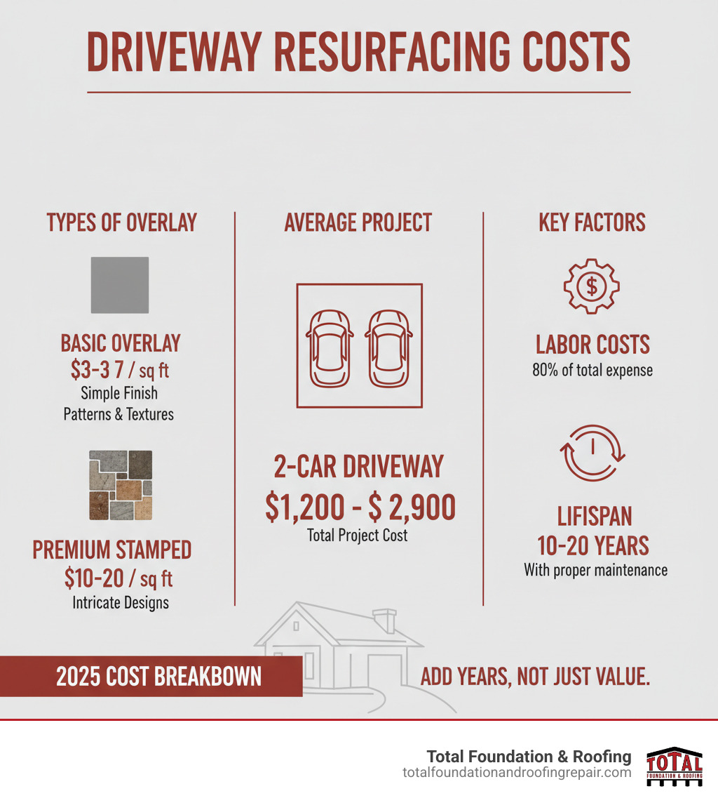 Infographic showing concrete driveway resurfacing cost breakdown: Basic Overlay $3-$7 per square foot for simple single-color finish, Decorative Overlay $5-$9 per square foot for standard patterns and textures, Premium Stamped Overlay $10-$20 per square foot for intricate designs and multiple colors, Average 2-Car Driveway total project cost $1,200-$2,900, Labor costs represent approximately 80% of total project expense, and typical lifespan of 10-20 years with proper maintenance - average cost of concrete driveway resurfacing infographic 