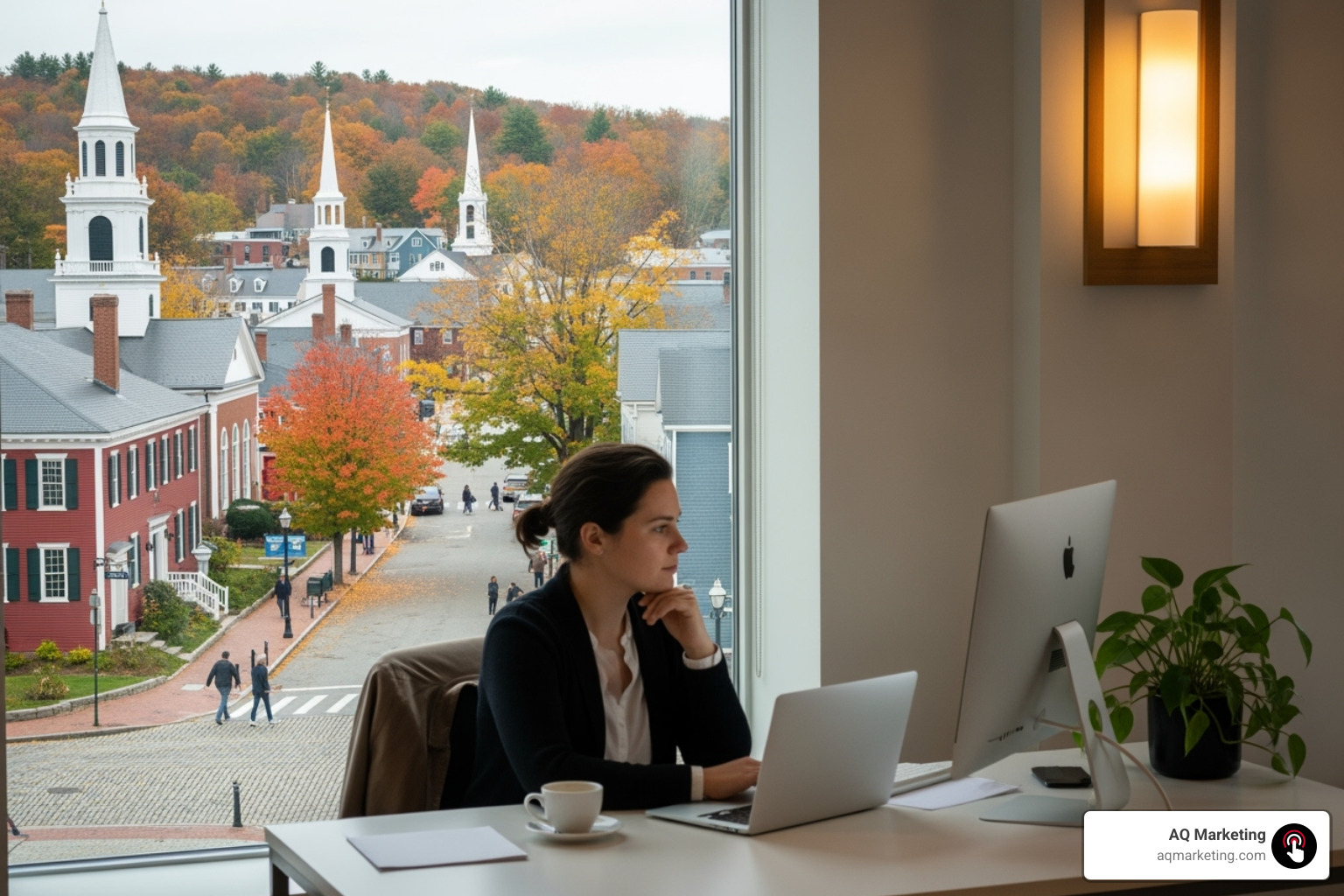 Person looking thoughtfully at a computer screen in a bright, modern office with a view of a New England town - seo packages wakefield Person looking thoughtfully at a computer screen in a bright, modern office with a view of a New England town - seo packages wakefield