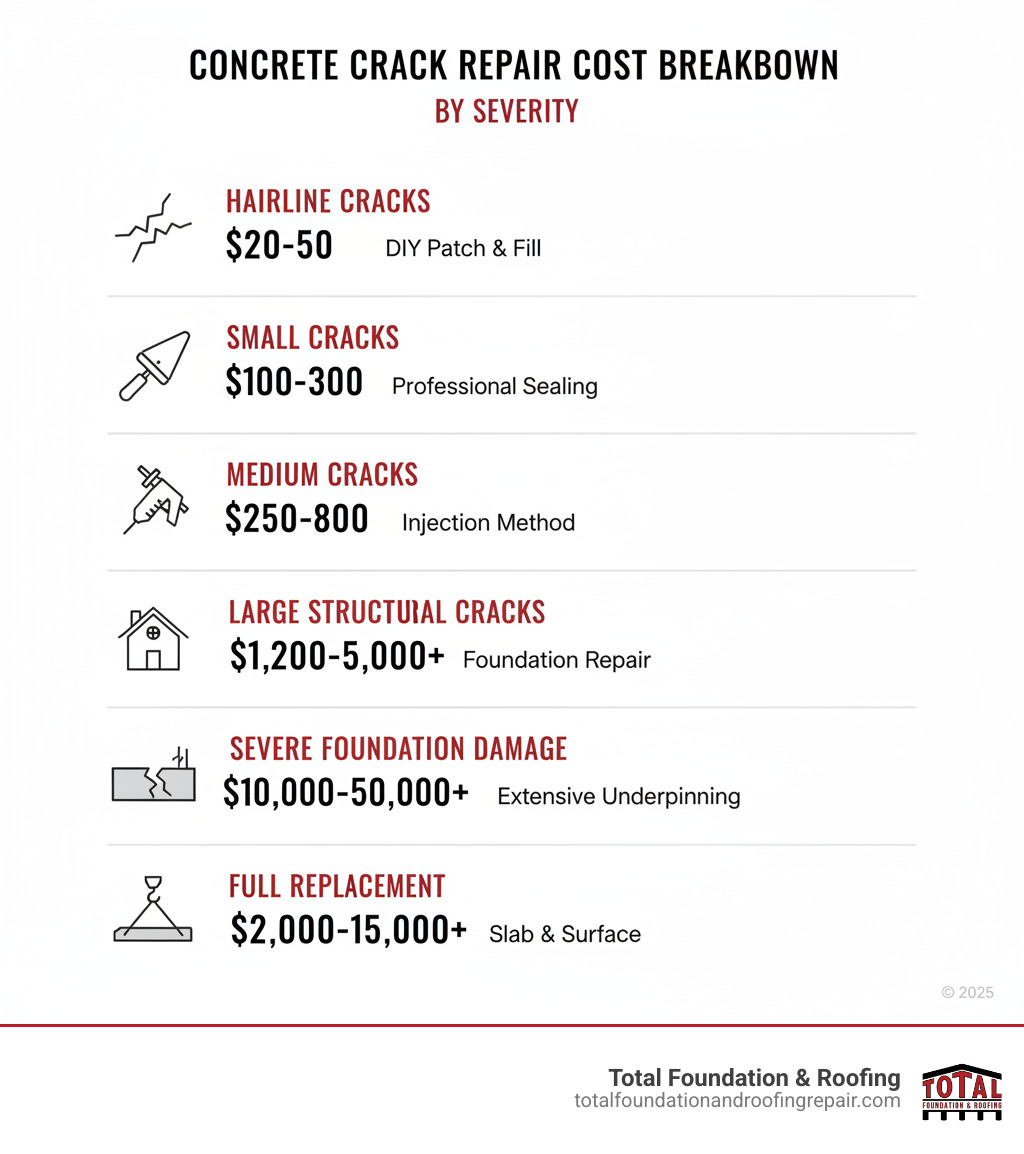 infographic showing concrete crack repair cost breakdown by severity: hairline cracks $20-50 DIY, small cracks $100-300 professional, medium cracks $250-800 injection method, large structural cracks $1,200-5,000+, severe foundation damage $10,000-50,000+, and full replacement $2,000-15,000+ with icons for each category - concrete crack repair cost infographic 