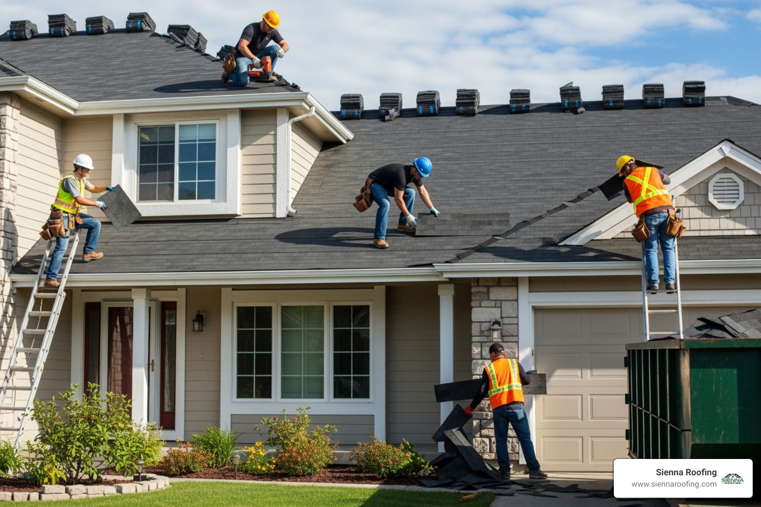professional roofing crew installing new asphalt shingles on a residential home - need a roofer professional roofing crew installing new asphalt shingles on a residential home - need a roofer