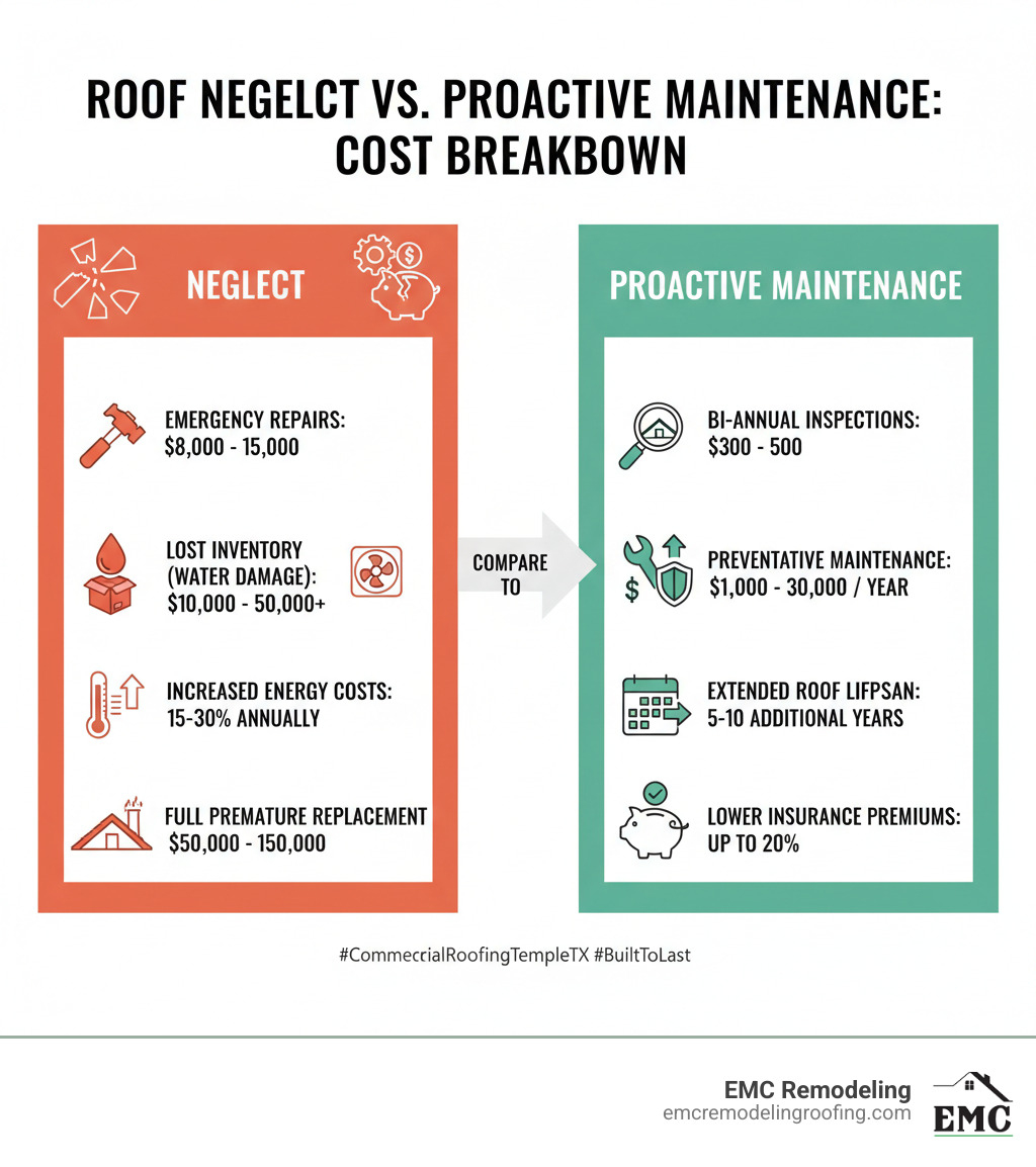 Infographic showing the cost breakdown of roof neglect vs. proactive maintenance: Emergency repairs $8,000-$15,000, Lost inventory from water damage $10,000-$50,000+, Increased energy costs 15-30% annually, Full premature replacement $50,000-$150,000. Compare to: Bi-annual inspections $300-$500, Preventative maintenance $1,000-$3,000/year, Extended roof lifespan 5-10 additional years, Lower insurance premiums up to 20% - commercial roofers in temple infographic Infographic showing the cost breakdown of roof neglect vs. proactive maintenance: Emergency repairs $8,000-$15,000, Lost inventory from water damage $10,000-$50,000+, Increased energy costs 15-30% annually, Full premature replacement $50,000-$150,000. Compare to: Bi-annual inspections $300-$500, Preventative maintenance $1,000-$3,000/year, Extended roof lifespan 5-10 additional years, Lower insurance premiums up to 20% - commercial roofers in temple infographic