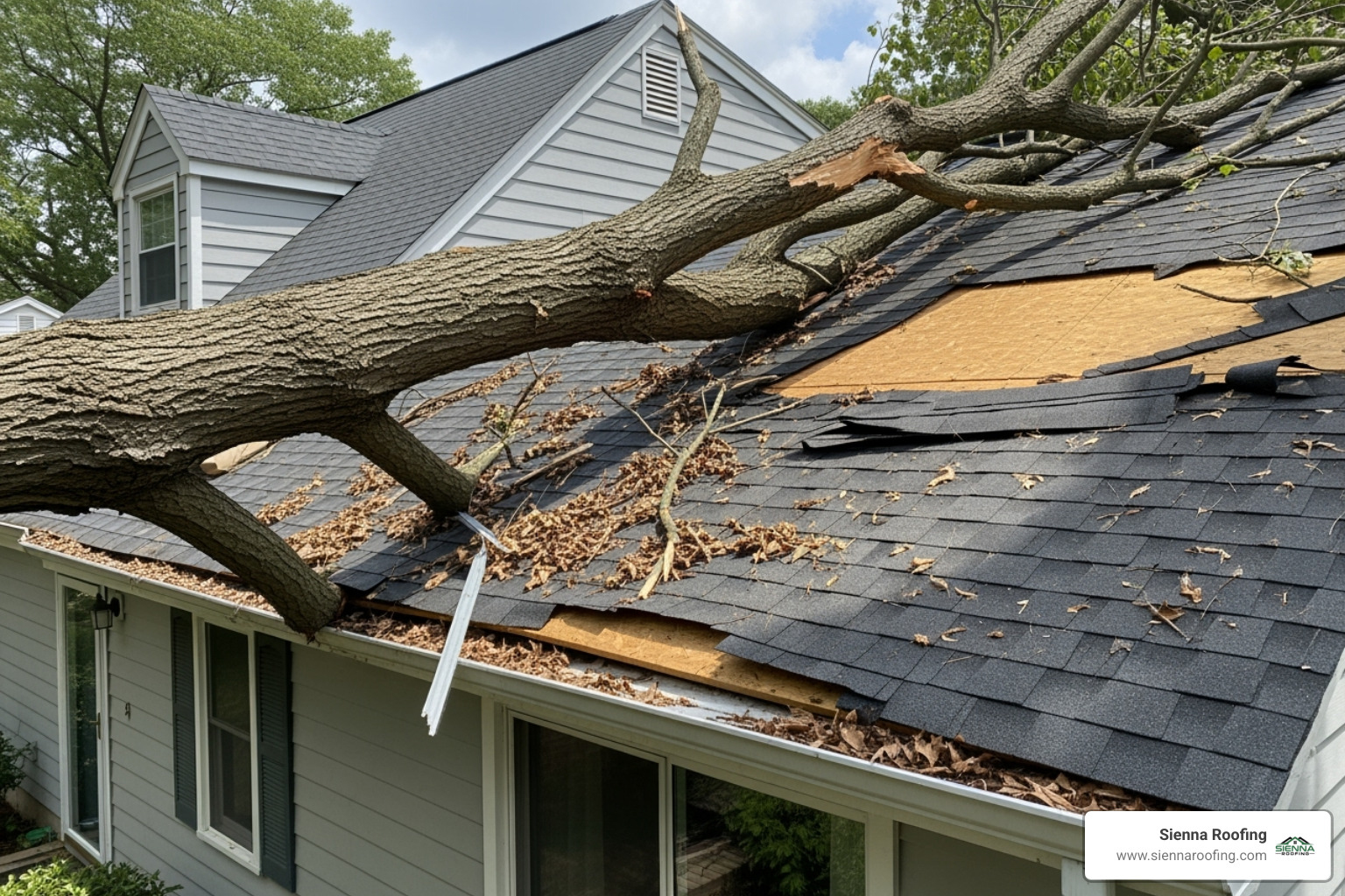 large tree branch that has fallen on a roof - roof damage assessment