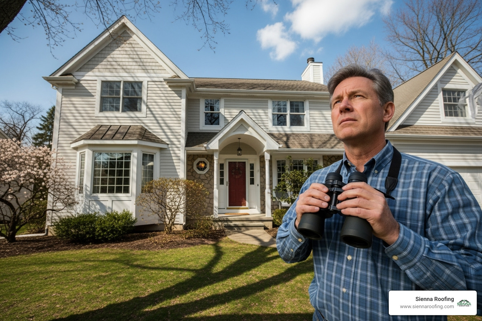 homeowner using binoculars to inspect their roof from the ground - roof damage assessment