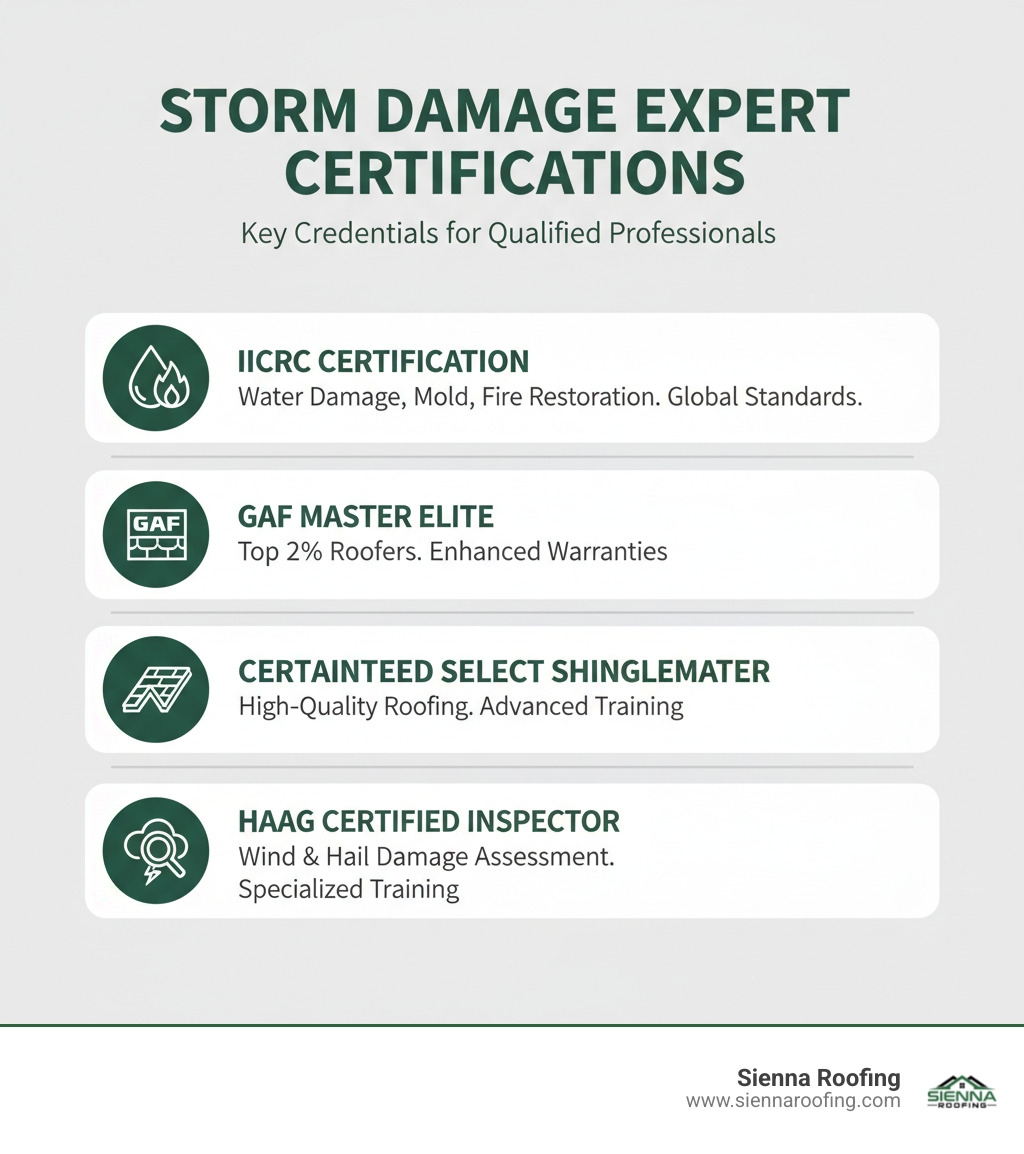 Infographic detailing key certifications for storm damage experts: IICRC (Institute of Inspection Cleaning and Restoration Certification) - for water damage, mold, fire restoration; GAF Master Elite (for roofing) - top 2% of roofers, enhanced warranties; CertainTeed SELECT ShingleMaster (for roofing) - high quality, advanced training; Haag Certified Inspector (for damage assessment) - specialized training in wind and hail damage assessment - storm damage experts infographic Infographic detailing key certifications for storm damage experts: IICRC (Institute of Inspection Cleaning and Restoration Certification) - for water damage, mold, fire restoration; GAF Master Elite (for roofing) - top 2% of roofers, enhanced warranties; CertainTeed SELECT ShingleMaster (for roofing) - high quality, advanced training; Haag Certified Inspector (for damage assessment) - specialized training in wind and hail damage assessment - storm damage experts infographic