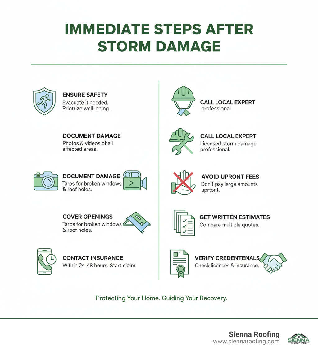 Infographic showing immediate steps after storm damage: 1. Ensure safety and evacuate if needed, 2. Document all damage with photos and videos, 3. Cover broken windows and roof holes with tarps, 4. Contact your insurance agent within 24-48 hours, 5. Call a licensed local storm damage expert, 6. Avoid contractors who demand large upfront payments, 7. Get multiple written estimates before deciding, 8. Verify all licenses and insurance before signing contracts - storm damage experts infographic Infographic showing immediate steps after storm damage: 1. Ensure safety and evacuate if needed, 2. Document all damage with photos and videos, 3. Cover broken windows and roof holes with tarps, 4. Contact your insurance agent within 24-48 hours, 5. Call a licensed local storm damage expert, 6. Avoid contractors who demand large upfront payments, 7. Get multiple written estimates before deciding, 8. Verify all licenses and insurance before signing contracts - storm damage experts infographic