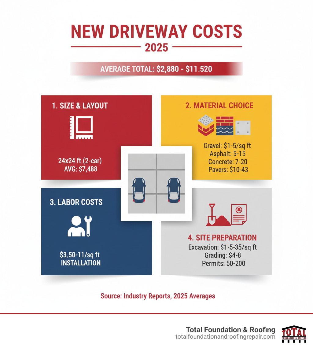 Infographic showing the four main cost factors for a new driveway: 1) Size and layout (standard two-car driveway is 24x24 ft, costs $7,488 average), 2) Material choice (gravel $1-5/sq ft, asphalt $5-15/sq ft, concrete $7-20/sq ft, pavers $10-43/sq ft), 3) Labor costs ($3.50-11/sq ft for installation), and 4) Site preparation (excavation $1-5.35/sq ft, grading $4-8/sq ft, permits $50-200). Total average range: $2,880-$11,520 for complete installation. - average cost for a new driveway infographic 