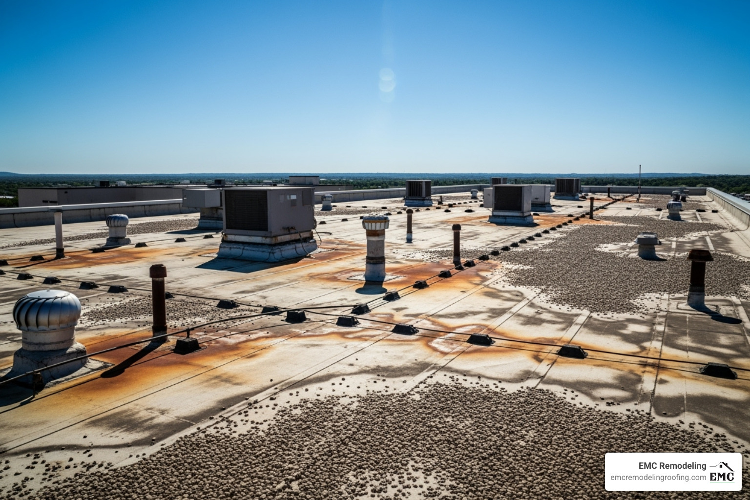 A sun-beaten, slightly worn commercial roof, illustrating the effects of Texas weather - commercial roofers in temple A sun-beaten, slightly worn commercial roof, illustrating the effects of Texas weather - commercial roofers in temple