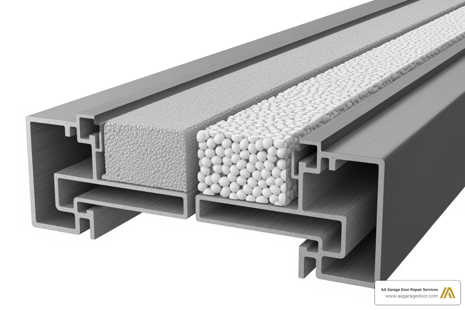 cutaway view comparing foam-injected polyurethane to a polystyrene panel in a garage door - insulated garage doors