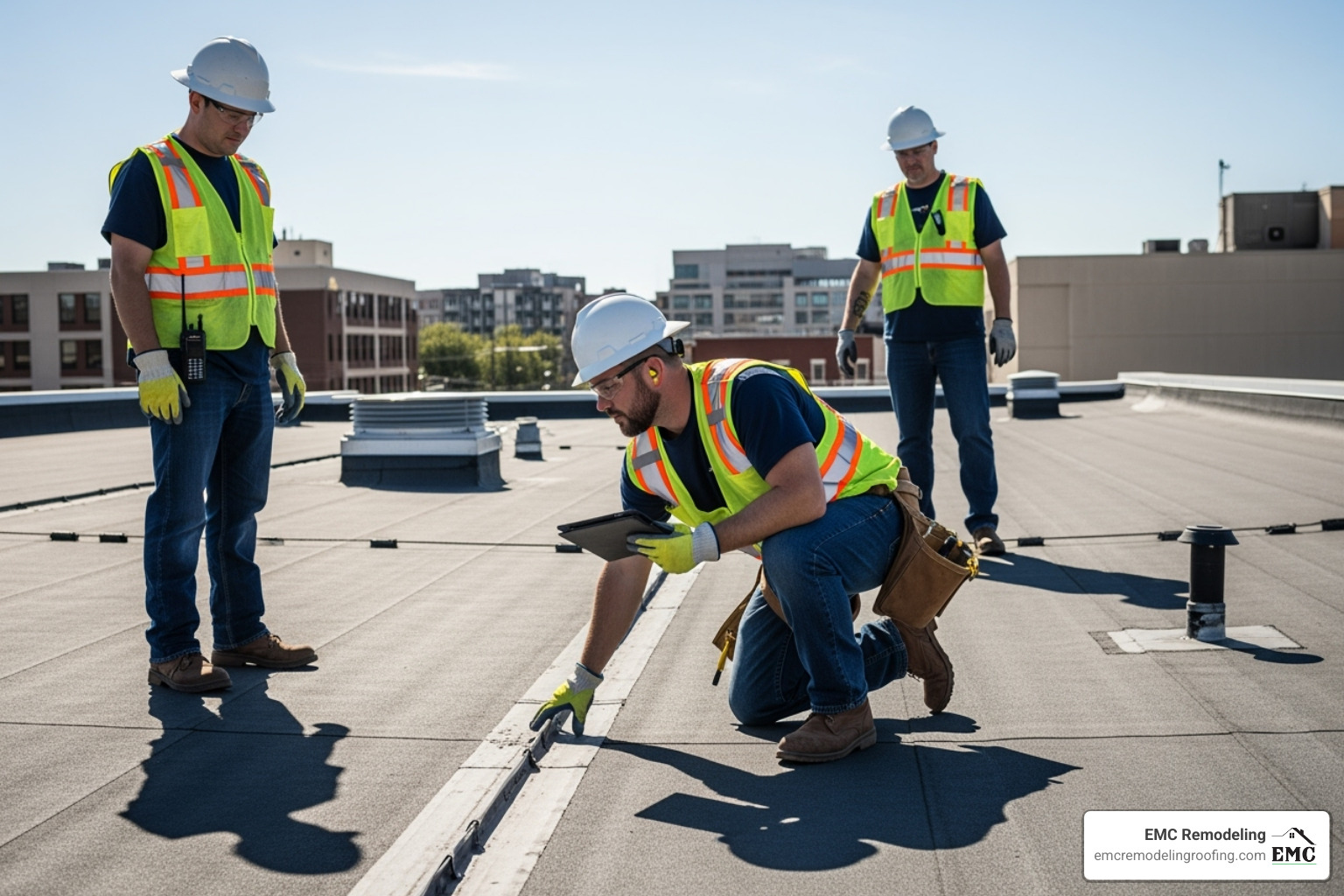 A roofing crew performing a detailed roof inspection - commercial roofers in temple A roofing crew performing a detailed roof inspection - commercial roofers in temple