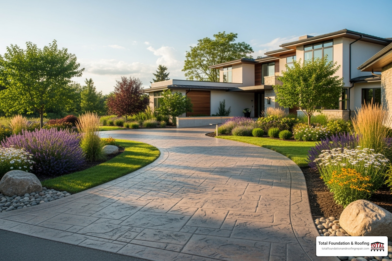 Custom curved stamped concrete driveway - average cost for a new driveway