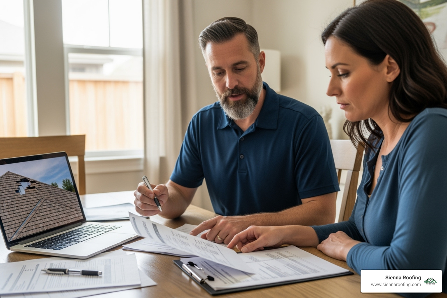 A contractor and homeowner reviewing an insurance claim document together - storm damage experts A contractor and homeowner reviewing an insurance claim document together - storm damage experts
